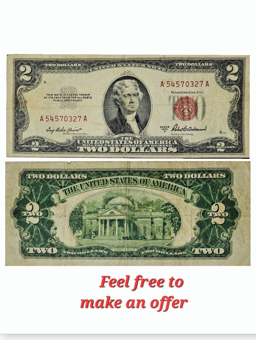 1953 $2 DOLLAR BILL (RED SEAL)